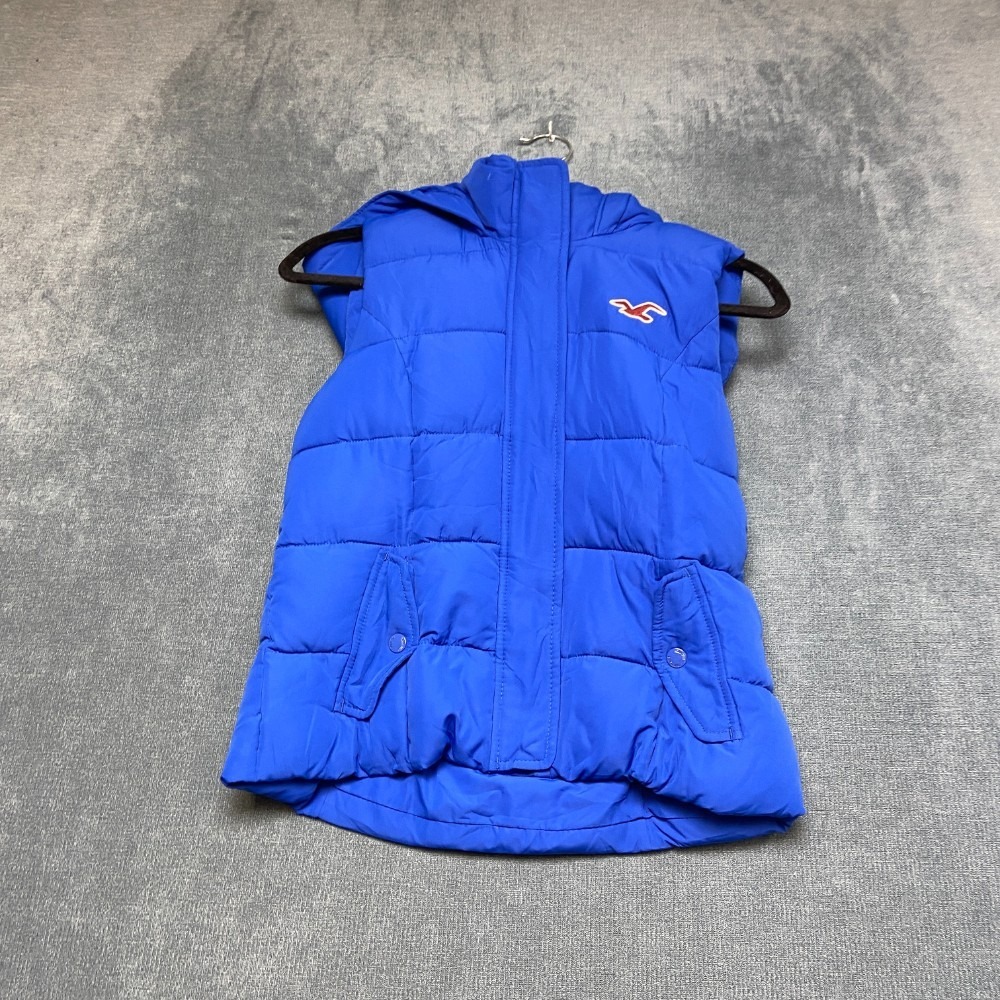 Hollister Puffer Vest Womens Medium Blue Hooded Full Zip Pockets Quilted Lined